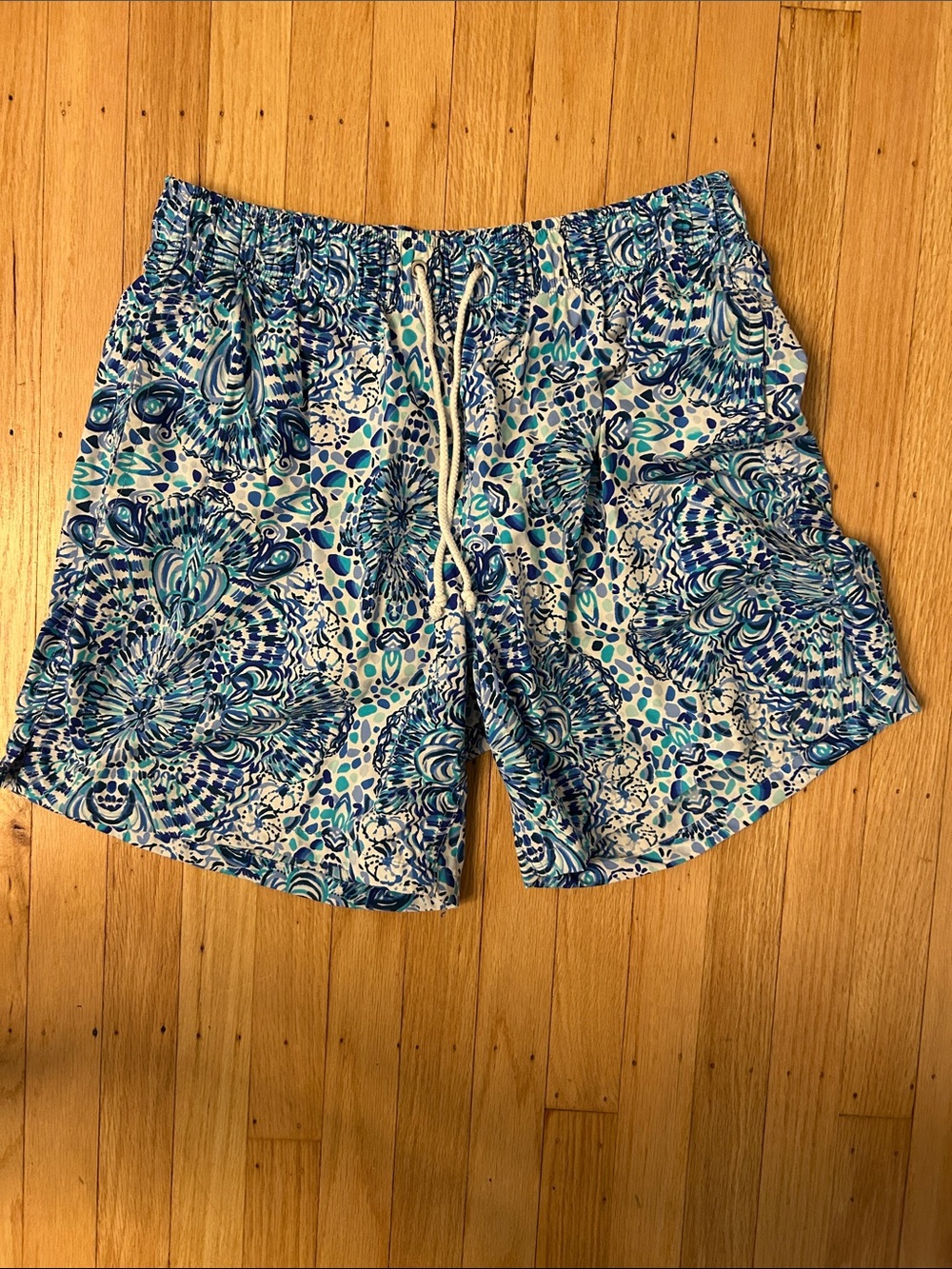 Lilly Pulitzer Blue & Aqua Patterned Capri Swim Trunks